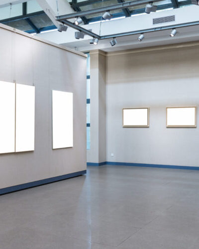 blank picture frames on exhibition wall